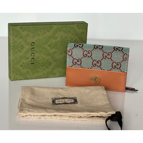 Gucci GG Leather/Canvas Compact Bifold Card Wallet Azure/Brown Italy 783121 NIB - Picture 5 of 12